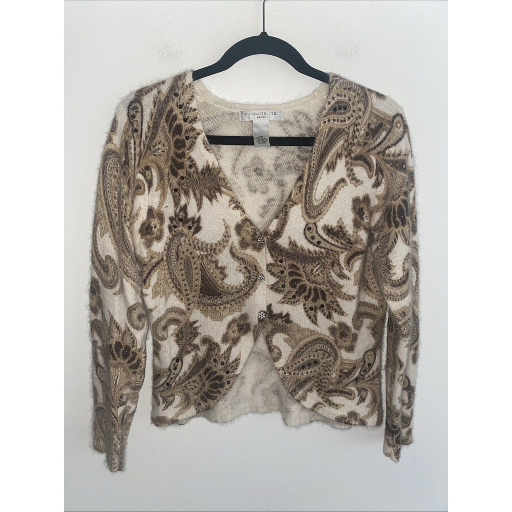 Rabbit Hair Wool Blend Cardigan Sweater Paisley Beaded Women PM Academia